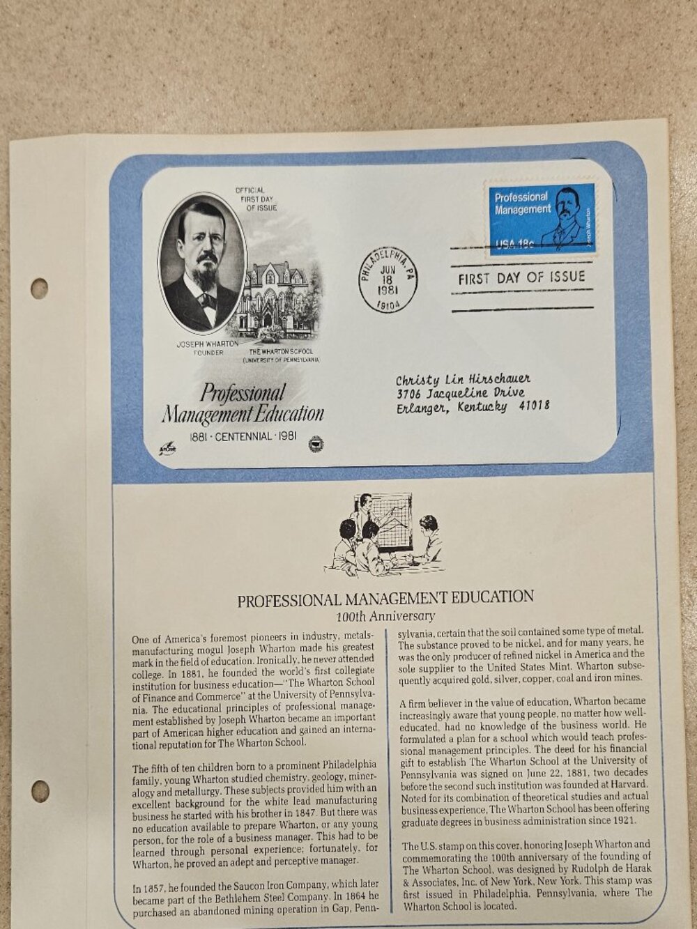 RARE COLLECTIBLE USPS 1ST DAY ISSUE COVER PROFESSIONAL MANAGEMENT STAMP ENVELOPE